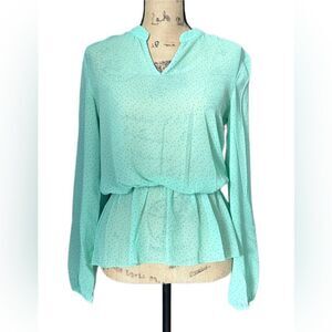 Francesca’s Collection Mint Green Polka Dot Sheer Top, Long Sleeves, Size Small